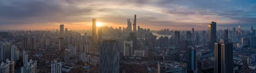 Shanghai Skyline at Sunrise. Panoramic Aerial View