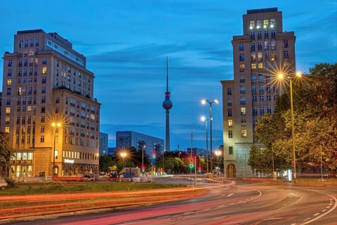 Strausberger Platz in Berlin with its Stalinist architecture at dusk