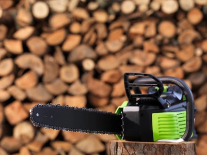 Electric Cordless battery powered chainsaw in front of stacked firewood in the background