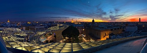 Sunset view on Sevilla from Setas de Sevilla, an architectural monument with viewing platform. The