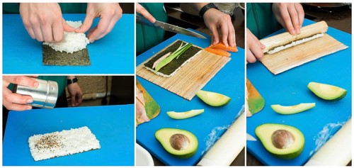 Making sushi. Blue base background