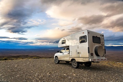 A pickup camper near Los Glaciares National Park in Patagonia, El Calafate, Santa Cruz, Argentina,