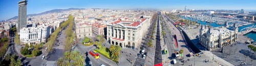 Aerial panoramic Barcelona view Port Passeig Colon and Ramblas