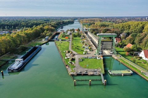 Repair Works at a canal lock in North Rhine-Westphalia, along the Wesel-Datteln Canal. The larger