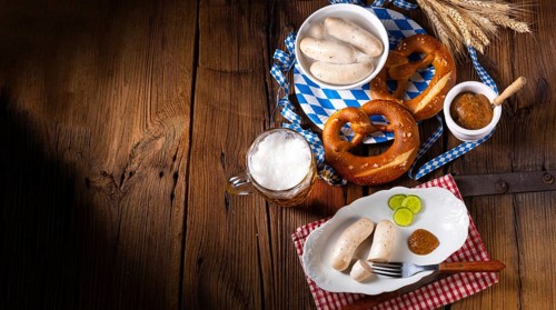 Delicious bavarian oktoberfest white sausage with sweet mustard