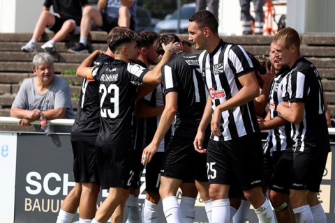 Villingen players celebrate the 1-0 lead goal by Marcel Sökler (Villingen 08) during the Soccer-RL
