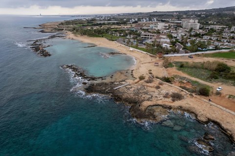 Drone aerial coastline of touristic village of Ayia Napa in cyprus, Ideal place for summer holidays