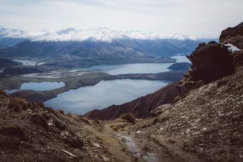 Rocky path with views of several lakes and valleys between the mountains, Roys Peak, Wanaka, New