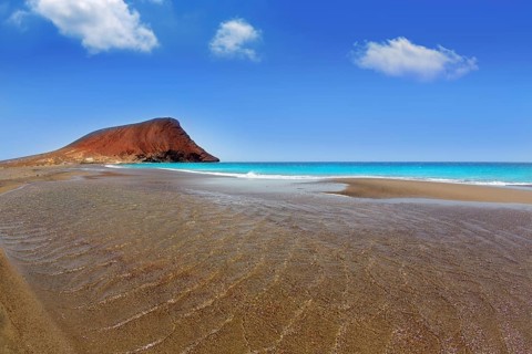 Beach Playa de la Tejita turquoise in Tenerife Canary islands with red mountain