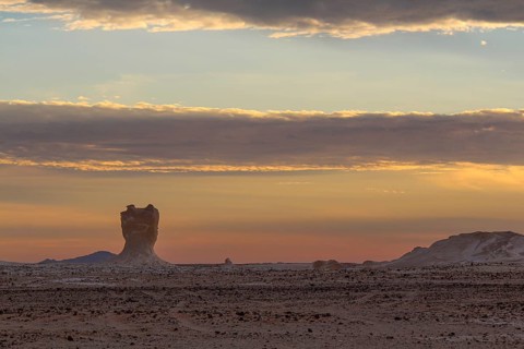 Sunset in the Libyan desert, white desert, limestone formations in the front, Farafra, Egypt,