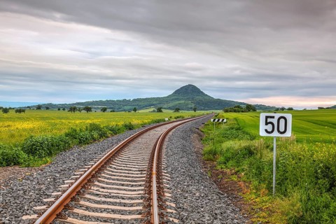 Railway track in Central Bohemian Highlands, Czech Republic. Central Bohemian Uplands is a mountain