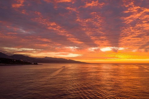 Aerial view of sunrise at Cap Martin, behind the Italian Ligurian coast, Roquebrune Cap Martin,
