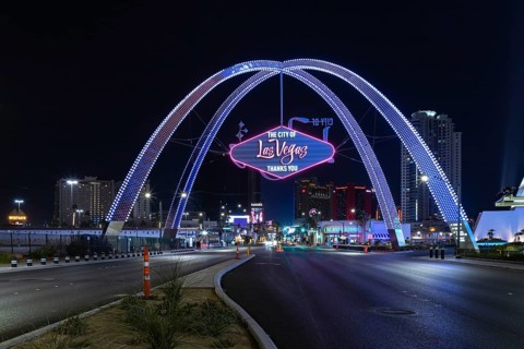 A picture of the Las Vegas Boulevard Gateway Arches at night