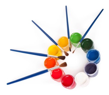 Gouache paints pots and brushes arranged into a circle