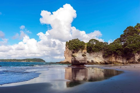 The far end of the earth. Travel to New Zealand. Ocean tide in the Cathedral Cove. Mirror