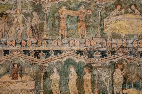 Descent, burial, arrival of the three Marys and meeting with the Magdalene, Gothic paintings,
