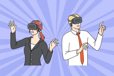 Diverse businesspeople in VR glasses explore new reality surroundings. Man and woman employees in