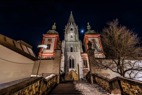Full moon over the basilica of Mariazell, night shot, main square, Mariazell, Upper Styria, Styria,