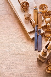 Organized copyspace carpentry chisels planks woodworkers plane on wooden board