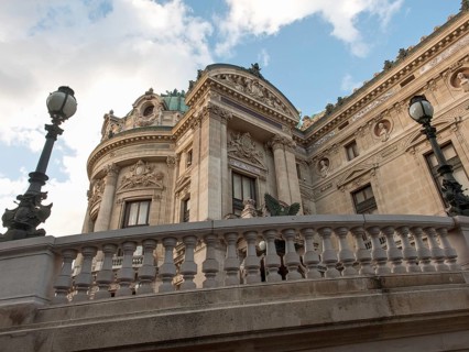 Entrance to the Opéra Garnier with baroque architecture and lanterns, Paris, France, Europe
