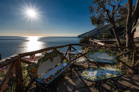 Amalfi Coast in Positano, Italy during sunny day. View of Positano with blue sea on Amalfi Coast in
