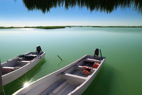 Boats in pier mangrove lagoon in Mayan Riviera sian kaan