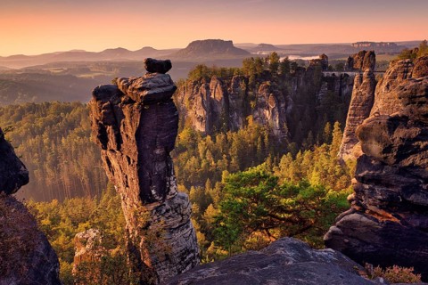 Sunrise, rocks, mountains, forest, Bastei, Wehlnadel, Saxon Switzerland, Germany, Europe