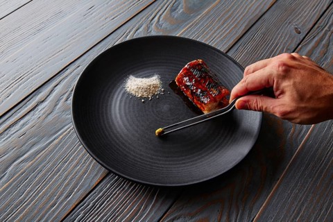 Grilled smoked eel with green apple and citrus chef hand preparing