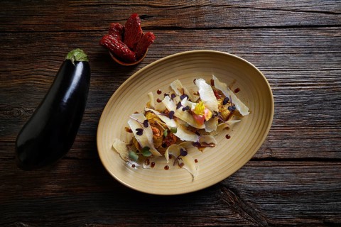 Aubergine and cheese recipe italian food on wood table