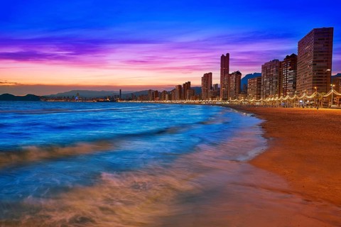 Benidorm skyline at sunset beach in Alicante of Apain