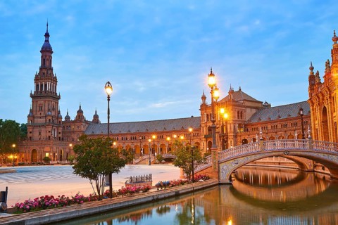 Seville Sevilla Plaza de Espana at sunset in Andalusia Spain square