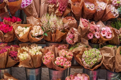 Bundled bouquets in front of a flower shop, Germany, Europe
