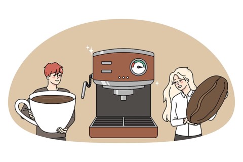 Diverse baristas make coffee in modern machine. Happy people prepare hot beverage espresso or