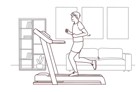 Young sportive man in sportswear running on racetrack at home. Toned motivated male do sports