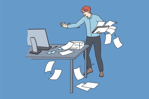 Clumsy employee collect scattered paperwork in office. Awkward tired male worker manage paper