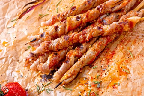 Fresh and crispy rustic pork belly grill sticks