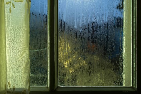 Moonlight through the window. Sweaty glass
