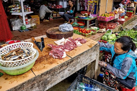 A close-up view of a market stall selling fresh fish and meat, a vendor preparing food, selling