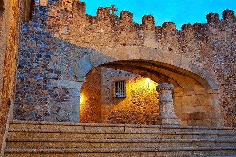 Caceres Arco de la Estrella Star arch sunset in Spain entrance to monumental city