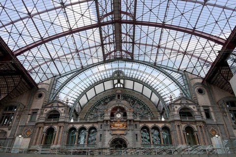 Railway station interior in Antwerpen, Belgium, Europe