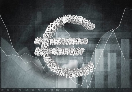 Big euro currency symbol on graphs and diagrams background, 3D rendering