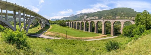 Crozet railway viaduct and Crozet motorway viaduct in Isère. France. A51 motorway. City of Vif