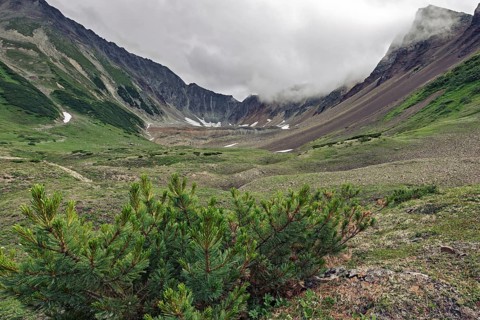 Summer mountain landscape of Kamchatka Peninsula: beautiful view of Mountain Range Vachkazhets,
