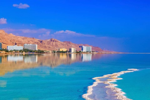 The shoaled Dead Sea at coast of Israel. Emerald water of the Dead Sea
