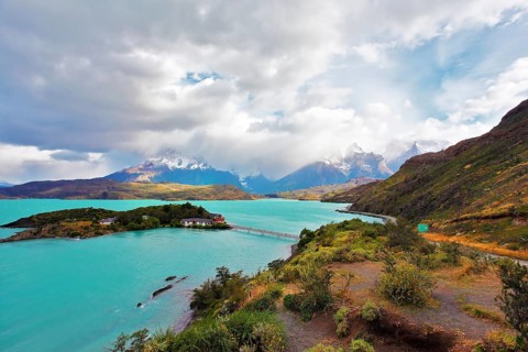 Beautiful Patagonia. Snow-capped mountains and emerald lake. Park Torres del Paine in southern