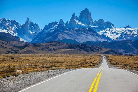 Sunny day in February in Argentine Patagonia. Excellent asphalt road to the majestic Mount Fitz Roy