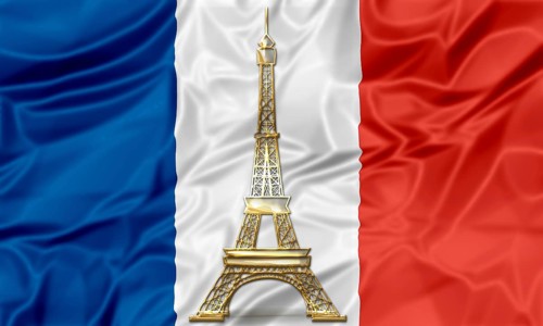 The national waving flag of France. Blue, white red background with gold Eiffel Tower symbol