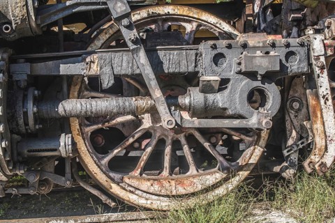 Details of an old steam locomotive. Close up wheels. Bulgaria