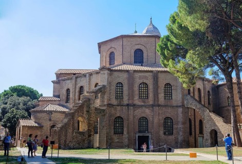 Tourists admire a prime example of early Christian architecture, the octagonal Basilica of San