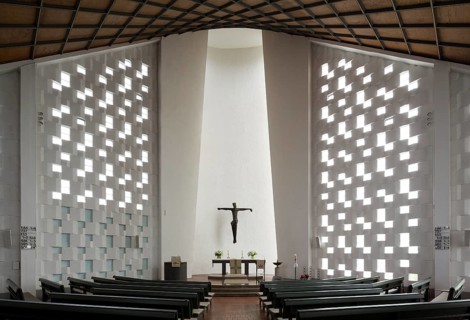 Built in 1963 by Walter and Rainer Blaich, view to the altar, wooden ceiling in the shape of a